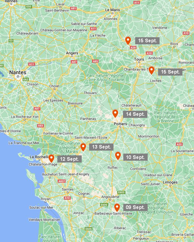 Carte BALLANGER du démo tour AGXEED : lieux et dates en Charente, Charente-Maritime, Deux Sèvres, Vendée, Vienne, Haute Vienne, Dordogne, Creuse, Indre-et-Loire